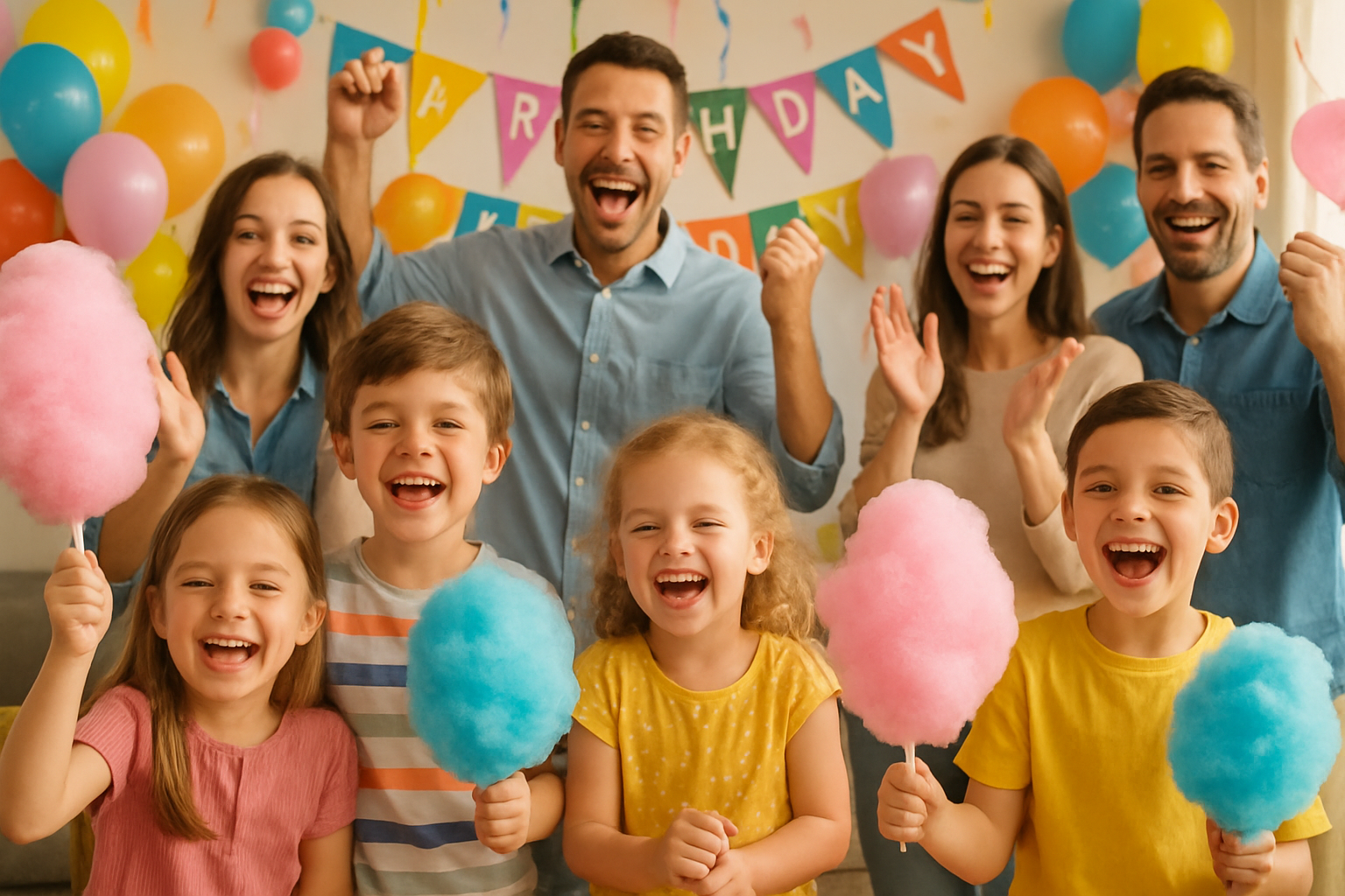 kids holding cotton candy in birthday bash with parents, they are so joyful and excited 