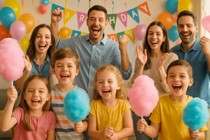 kids holding cotton candy in birthday bash with parents, they are so joyful and excited 